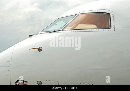 Close-up view of empty pilot cabin of passenger jet airplane Stock Photo