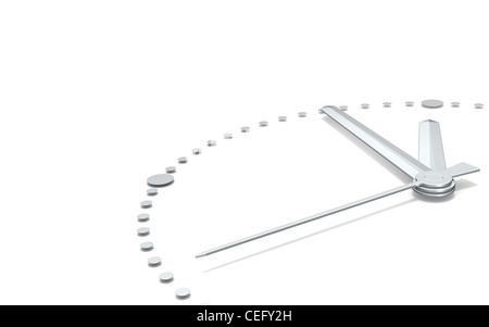 Perspective view of a clock with hands pointing at five to twelve. All steel. Stock Photo