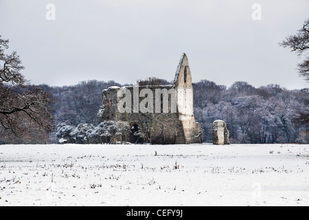 Newark Priory near Pyrford, Surrey, in snow - impressive ruins of a monastery dissolved by Henry VIII Stock Photo