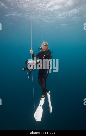 Scuba Diver doing Safety stop with Buoy, Baa Atoll, Indian Ocean, Maldives Stock Photo