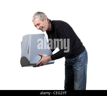 Man throws old TV, on white background Stock Photo