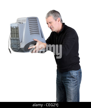 Man throws old TV, on white background Stock Photo