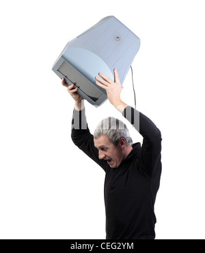 Man throws old TV, on white background Stock Photo