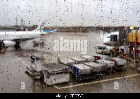 Raindrops at window pane, Tegel Airport, Berlin, Germany Stock Photo