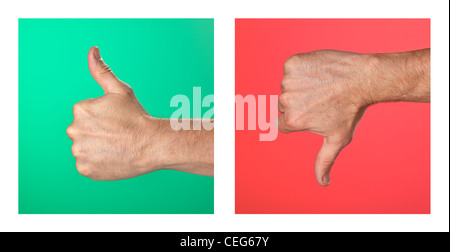 Pair of Thumbs up and Thumbs Down Signs on Green and Red Background Stock Photo