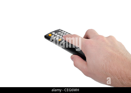 Hand Using Remote Control A hand holding a remote control isolated over a white background Stock ...