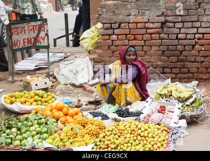 Woman street seller in traditional sari dress in New Delhi, India with her goods arranged on the pavement, with "No Entry" sign Stock Photo
