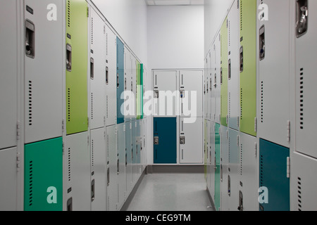 Different colors Lockers along the alley in a school Stock Photo