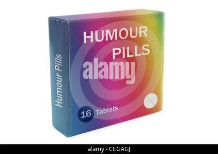 Close and low level angle capturing a multicoloured medication pack with the words 'Humour Pills' arranged over white. Stock Photo