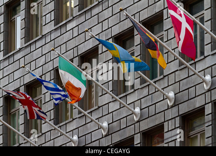 European flags flying from an office block in San Francisco Stock Photo