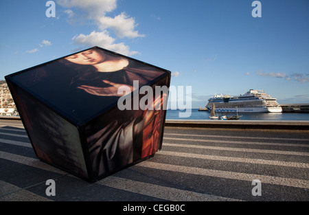 Fabric Cubes and the Big Ship Cruise Liner Aida.  Funchal promenade, Madeira Portugal Stock Photo