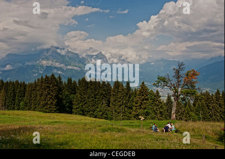 A medium group of walkers  relaxing in the countryside around Megève. Haute Savoie. France Stock Photo