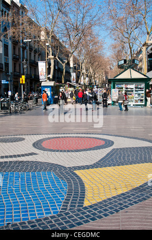 Pavement mosaic by Joan Miró on la Rambla, Barcelona, Catalonia, Spain Stock Photo
