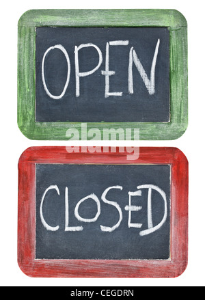 OPEN CLOSED chalkboard signs on wooden stakes. Isolated Stock Photo - Alamy