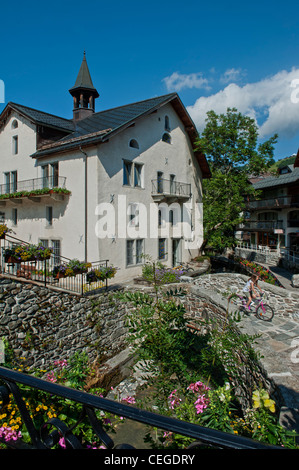 Tourism office and bridge in Megève village. Haute-Savoie department Rhône-Alpes region south-eastern France. Stock Photo