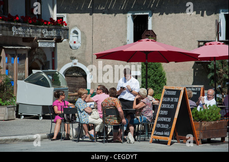 Street cafe in Megève village. Haute-Savoie department Rhône-Alpes region south-eastern France. Stock Photo