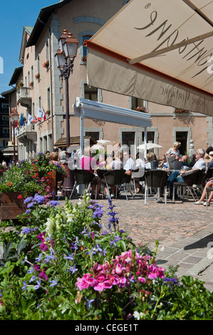 Street cafe in Megève village. Haute-Savoie department Rhône-Alpes region south-eastern France. Stock Photo