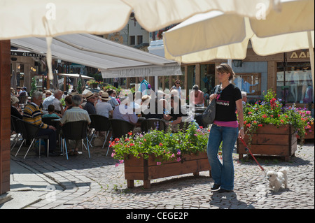 Street cafe in Megève village. Haute-Savoie department Rhône-Alpes region south-eastern France. Stock Photo