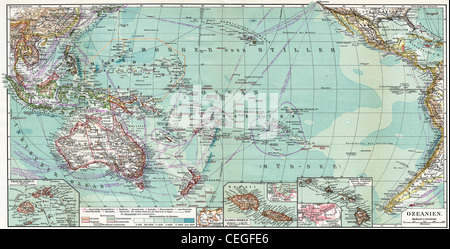 Map of Australia and Oceania. Publication of the book 'Meyers Konversations-Lexikon', Volume 7, Leipzig, Germany, 1910 Stock Photo