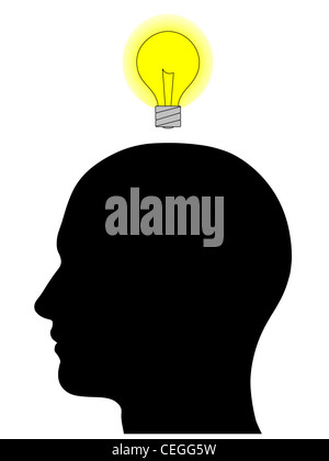 A graphic of a male head silhouette with a glowing yellow light bulb overhead. Isolated on a solid white background. Stock Photo