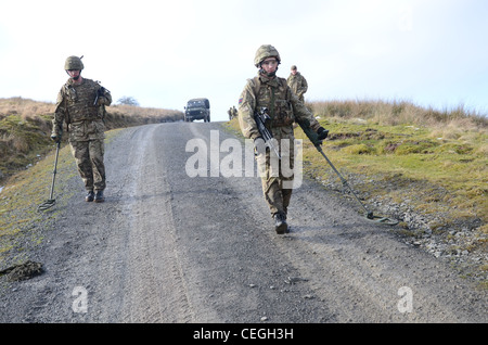 A British army solder 'Vallon man' looking for IED's using a Vallon metal detector, he will lead a patrol, sweeping the route fo Stock Photo