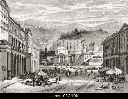 A street in Turin, Italy in the late 19th century. From Italian Pictures by Rev. Samuel Manning, published c.1890. Stock Photo