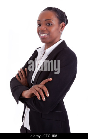 Smiling african american businesswoman with folded arms, isolated on white background Stock Photo