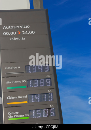 Petrol and diesel prices on display at Spanish petrol station. Stock Photo