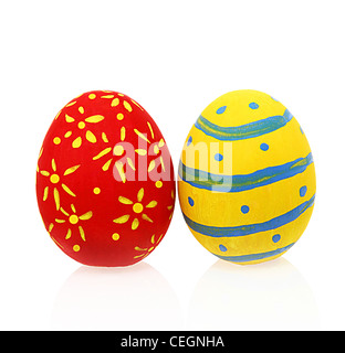 Colorful two Easter eggs with reflection isolated on white background Stock Photo