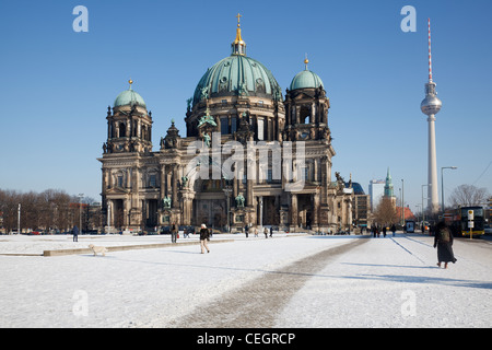 Berliner Dom and Television Tower with snow, Berlin, Germany Stock Photo