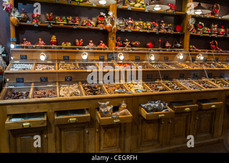 Paris, France, Wide Angle View, inside, French Chocolatier Shop, 'Maison Georges Larnicol', pastries, Chocolates display on shelves, sweet shop paris, candy Stock Photo
