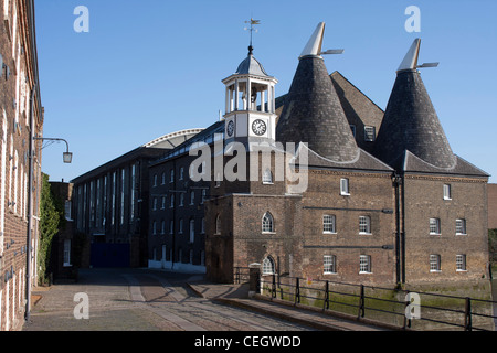 Three Mills Studios, on Island on River Lea in Bow, East London, UK. An oast house building powered by water. Stock Photo