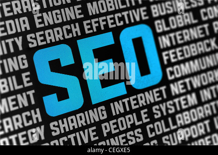 Digital poster with SEO text and words on social engine optimization theme. Selective focus on headline text. Stock Photo