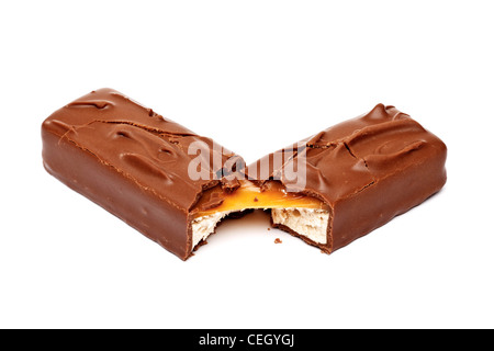 Mars bar broken open on white background Stock Photo
