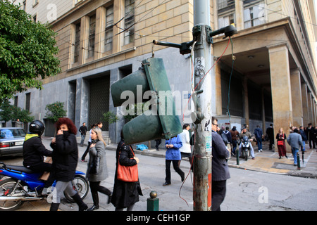 greece athens stadiou street traffic lights vandalised after the riots of 12th february Stock Photo