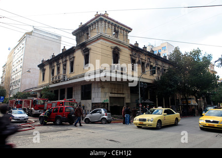 greece athens stadiou attikon cinema vandalised and burnt down after the riots of 12th february Stock Photo