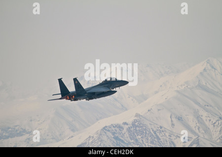 A U.S. Air Force F-15E Strike Eagle from the 335th Expeditionary Fighter Squadron takes off, Feb. 13, from Bagram Air Field, Afghanistan. The 335th is deployed from Seymour Johnson Air Force Base, N.C. Stock Photo