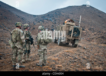 U.S. Army Soldiers with 3rd Platoon, Battery A, 2nd Battalion, 377th Parachute Field Artillery Regiment, Task Force Spartan, prepare to ascend a hillside up to Observation Post 11 outside Forward Operating Base Salerno, Feb. 3. The 3rd Platoon partnered with members of the ABP and the Afghan Uniformed Police to execute a call-for-fire exercise from the top of OP 11, an important procedure that calibrates large weapons, in this case the M-777 155 mm howitzers on FOB Salerno. Stock Photo