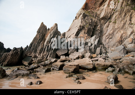 Rock formations on the beaches in the UK Stock Photo