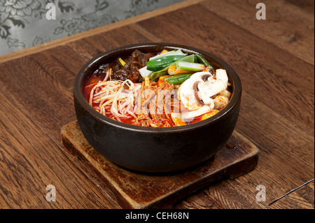 Korean beef soup with noodles and vegetables Stock Photo