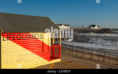 The Pier at Southwold seen from the Lifeguards hut on the promenade. Stock Photo