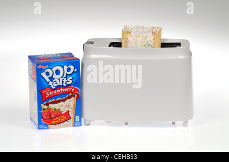 Box of Kellogg's pop-tarts with strawberry toaster pastry in toaster on white background. USA Stock Photo