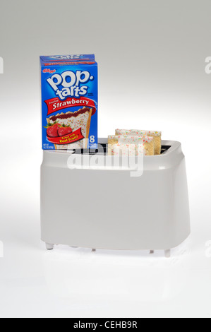 Box of Kellogg's pop-tarts with strawberry toaster pastry in toaster on white background. USA Stock Photo