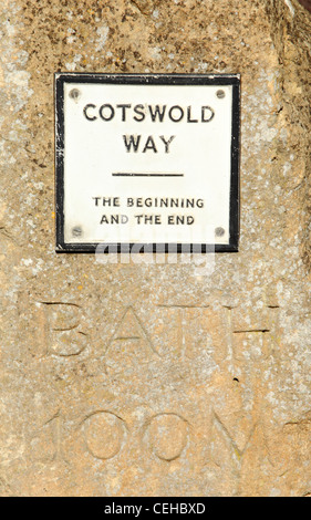 Sign at the start and end of the Cotswold Way in Chipping Campden, Gloucestershire, a picturesque and pretty Cotswold Town Stock Photo