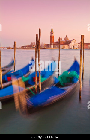 Venice Gondolas moored at night in the Bacino di san Marco, St Mark's Basin, waterfront, Venice, Italy, EU, Europe
