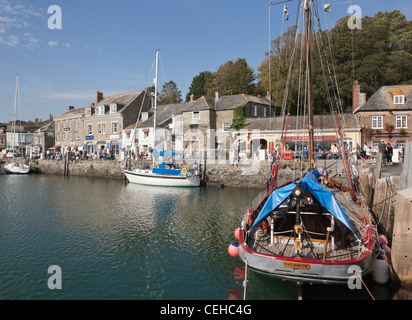 Padstow Cornwall England UK. Village harbour scene with boats moored by wharf on north Cornish coast port Stock Photo