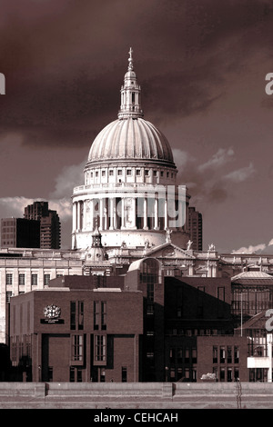 St Paul's cathedral bathed in afternoon sunshine in sepia tone built by Sir Christopher Wren Stock Photo