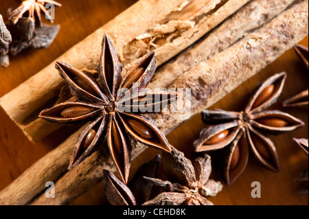 Cinnamon, Cinnamomum verum, and Star Anise, Illicium verum Stock Photo