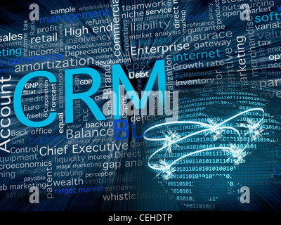 CRM related terms in blue and a big world sphere with the American state in front, made with zeros and ones numbers. Stock Photo