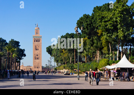The minaret of the Koutoubia Mosque from Place Foucauld leading to the Djemaa el Fna sqare, Marrakech, Morocco, North Africa Stock Photo